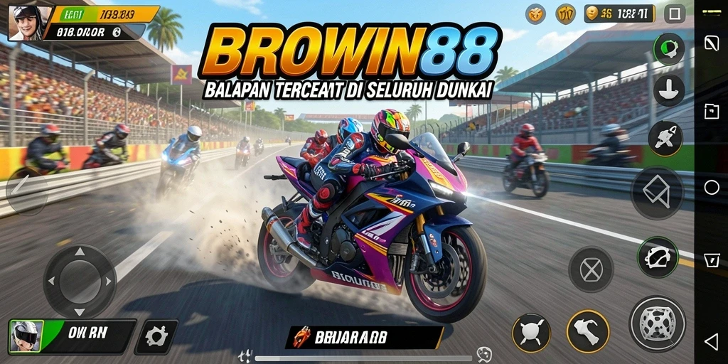 Tampilan gameplay seru BROWIN88 saat balapan motor di sirkuit.
