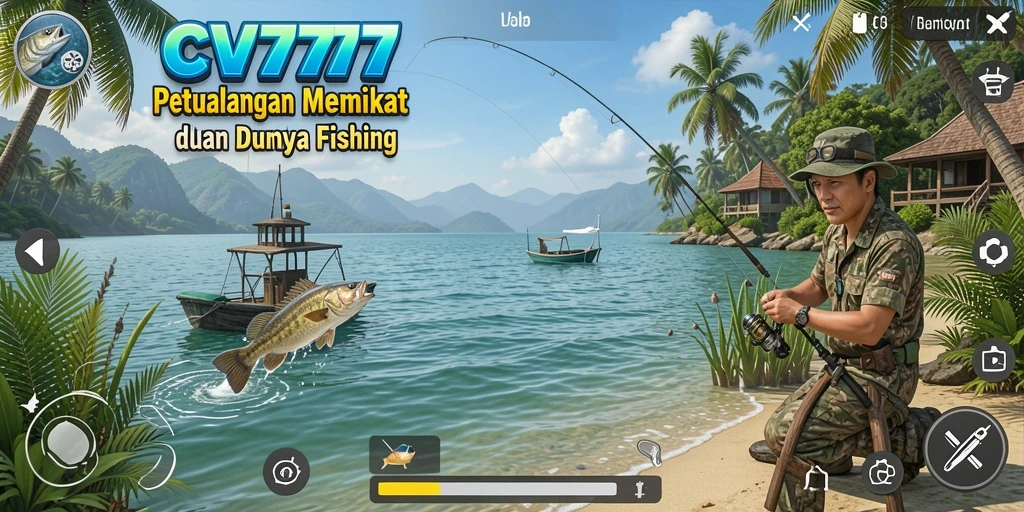 Screenshot gameplay CV777 menampilkan aksi menyeru saat menangkap ikan.