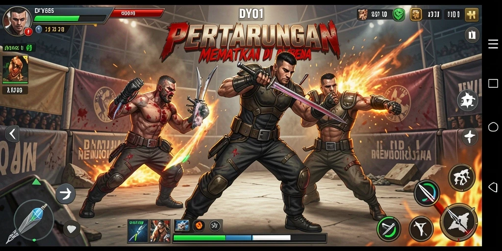 Tampilan permainan DY01 yang intens dan seru saat bertarung.